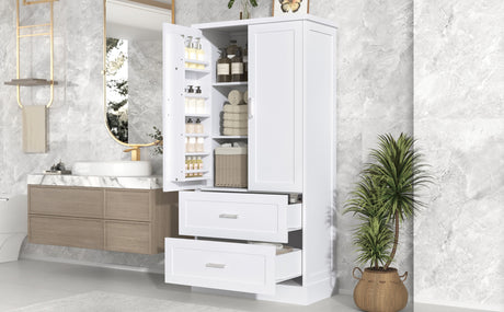 Tall Bathroom Storage Cabinet, Cabinet with Two Doors and Drawers, Adjustable Shelf, MDF Board, White - V.I.P Digital Presence