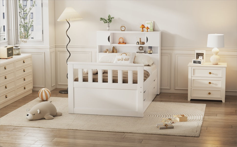 Twin Size Captain Platform Bed Frame with Storage Bookcases and Shelves,Four Drawers,White - V.I.P Digital Presence