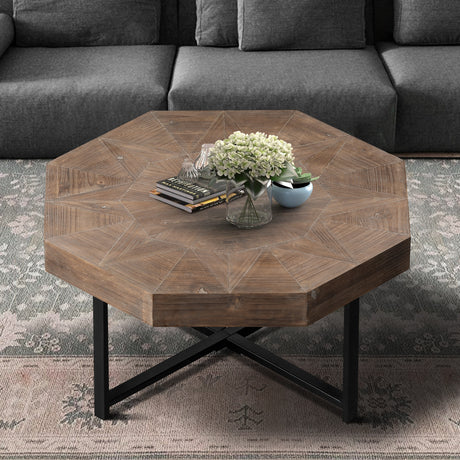 Wooden octagonal retro patchwork craft 30 inch wooden tabletop cross metal leg coffee table (antique brown) - V.I.P Digital Presence