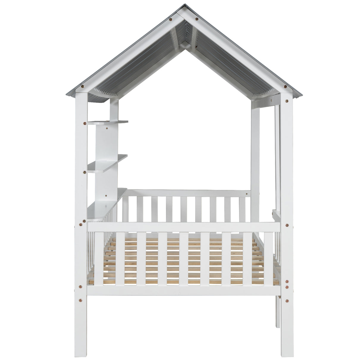 Wood Twin Size House Bed with Roof, Guardrail and Shelves, White - V.I.P Digital Presence