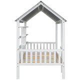 Wood Twin Size House Bed with Roof, Guardrail and Shelves, White - V.I.P Digital Presence