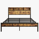Queen Bed Frame with Storage Headboard Metal Platform Bed with Charging Station Bookcase Storage Black - V.I.P Digital Presence
