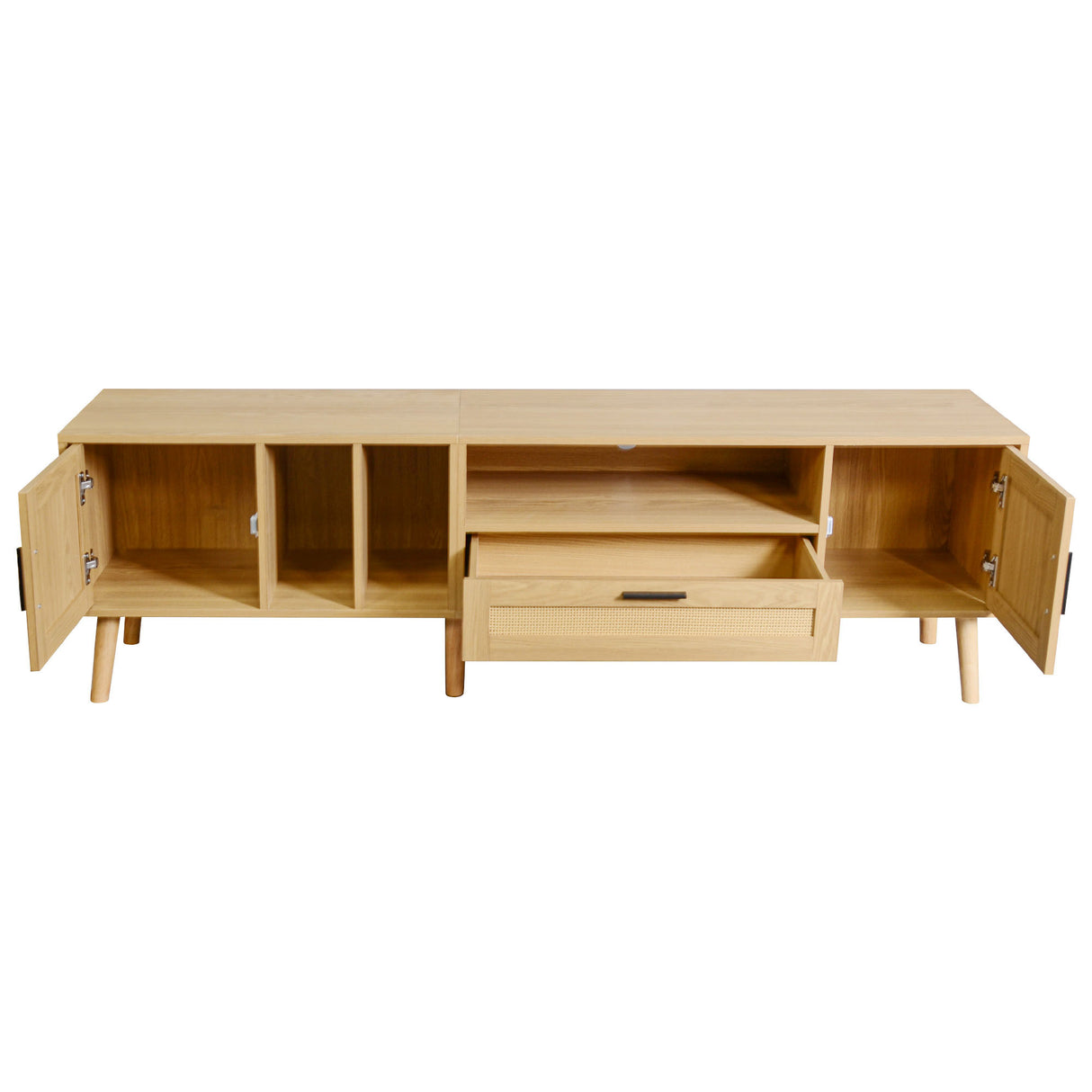 Vine TV stand with 2 cabinets and 2 open shelves, suitable for TVs under 80 inches, with solid wood legs for TV cabinets - V.I.P Digital Presence