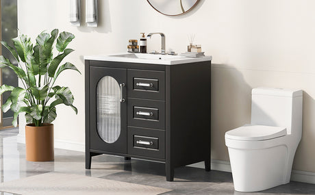 30" Bathroom Vanity with Sink, Bathroom Vanity Cabinet with Two Drawers and Door, Adjustable Shelf, Solid Wood and MDF, Black - V.I.P Digital Presence