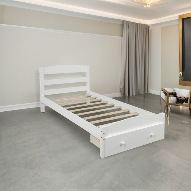 Platform Twin Bed Frame with Storage Drawer and Wood Slat Support No Box Spring Needed White - V.I.P Digital Presence