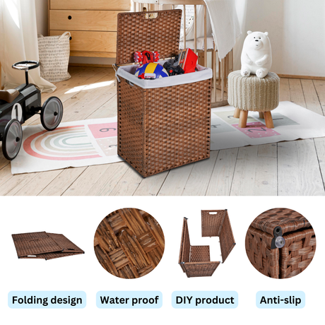 Laundry Hamper With Lid PE Rattan Powder Coating Frame Clothes Hampers with 02 Removable Bags, 100L, Brown Color - V.I.P Digital Presence