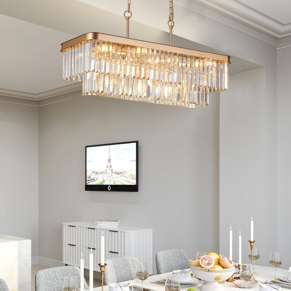 Chandeliers,Rectangular Crystal Chandelier Adjustable,E12 Modern Industrial Crystal Lights (Bulb Not Included) - V.I.P Digital Presence