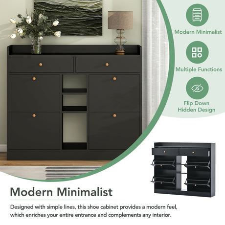 ONTREND modern shoe cabinet with 4 flipped drawers, multifunctional double-layer shoe storage with drawers, black. - V.I.P Digital Presence