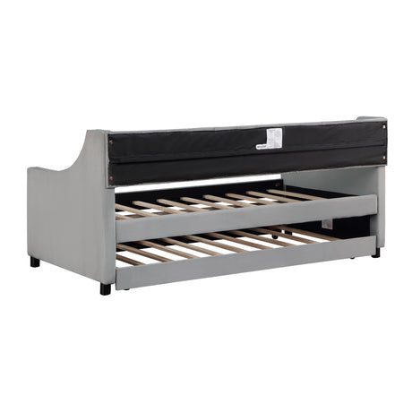 Twin Size Upholstered Daybed with Trundle Sturdy Wood Bedframe w/ Bedframe Tufted Button & Copper Nail on Arms Design - V.I.P Digital Presence