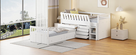 L-shaped Space-Saving Twin Loft and Twin Platform Bed with 7 Drawers and Full Guardrails(WHITE) - V.I.P Digital Presence
