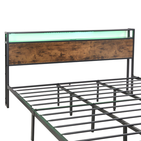 Industrial extra large bed frame with LED lights and 2 USB ports, extra large bed frame with storage space, rural brown color - V.I.P Digital Presence