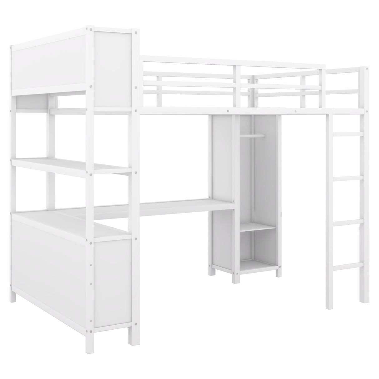 Metal loft bed with wardrobe and L-shaped desk, full-size loft bed with storage cabinet and shelf, white - V.I.P Digital Presence