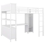 Metal loft bed with wardrobe and L-shaped desk, full-size loft bed with storage cabinet and shelf, white - V.I.P Digital Presence