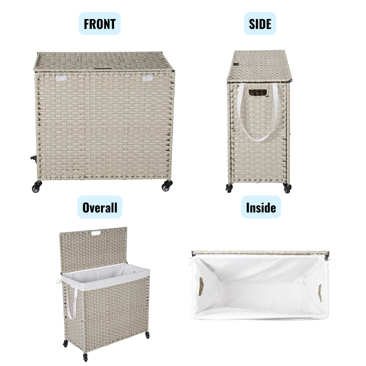 Laundry Hamper With Lid PE Rattan Powder Coating Frame Clothes Hampers with 02 Removable Bags, Wheels, 160L, Grey Color - V.I.P Digital Presence