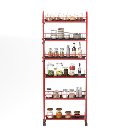 Red 6-story rolling cart gap kitchen ultra-thin sliding out storage tower shelf with wheels, 6 baskets - V.I.P Digital Presence