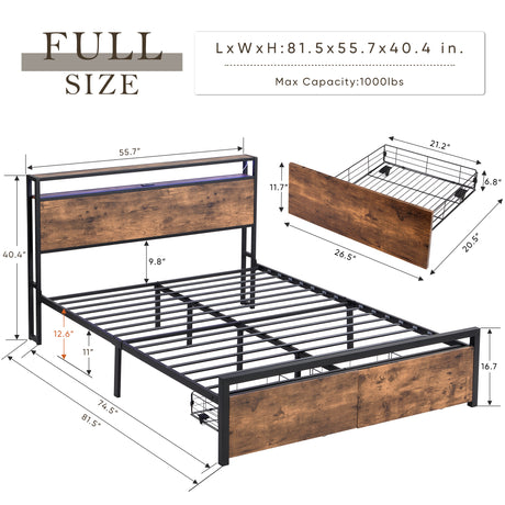 Full size bedstead with storage headboard and 2 drawers, LED light bed with charging station, metal Flat noodles support - V.I.P Digital Presence