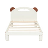 Twin Size Platform Bed with Bear Ears Shaped Headboard and LED Cream White