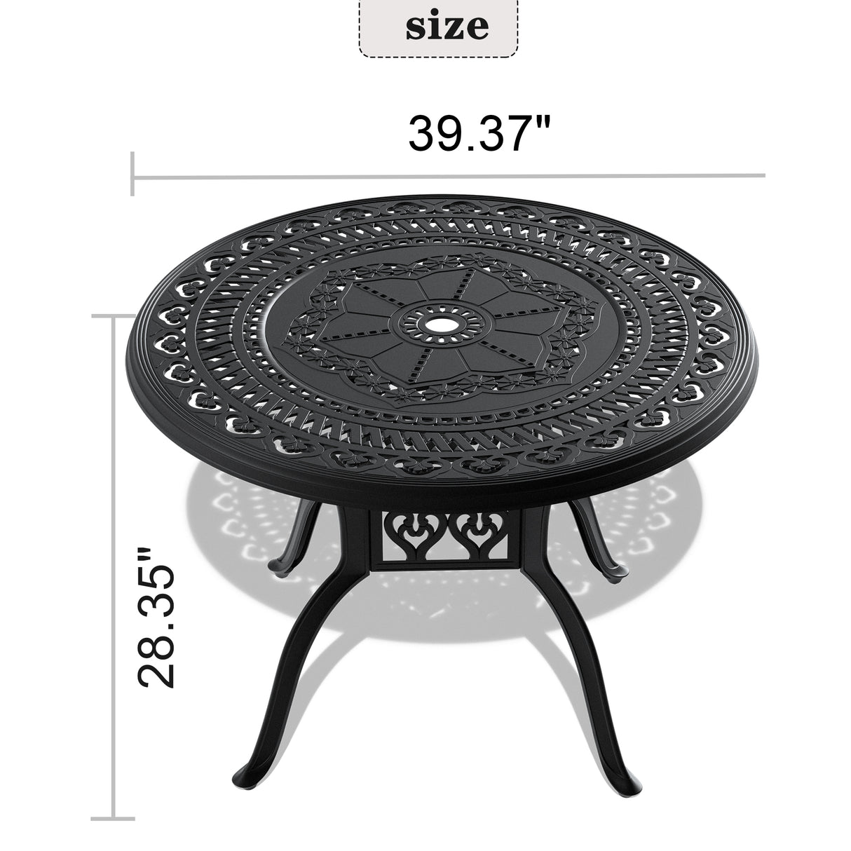 Ø39.37-inch Cast Aluminum Patio Dining Table With Black Frame and Umbrella Hole - V.I.P Digital Presence