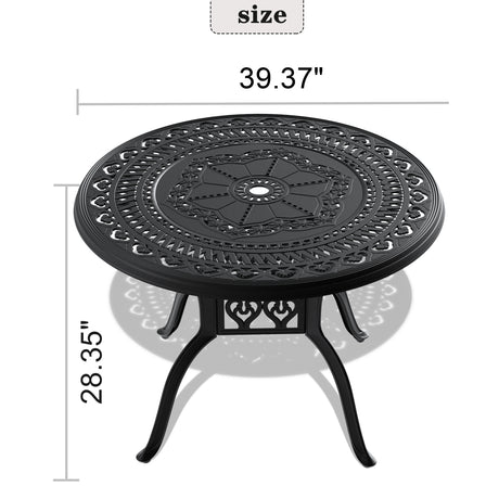 Ø39.37-inch Cast Aluminum Patio Dining Table With Black Frame and Umbrella Hole - V.I.P Digital Presence