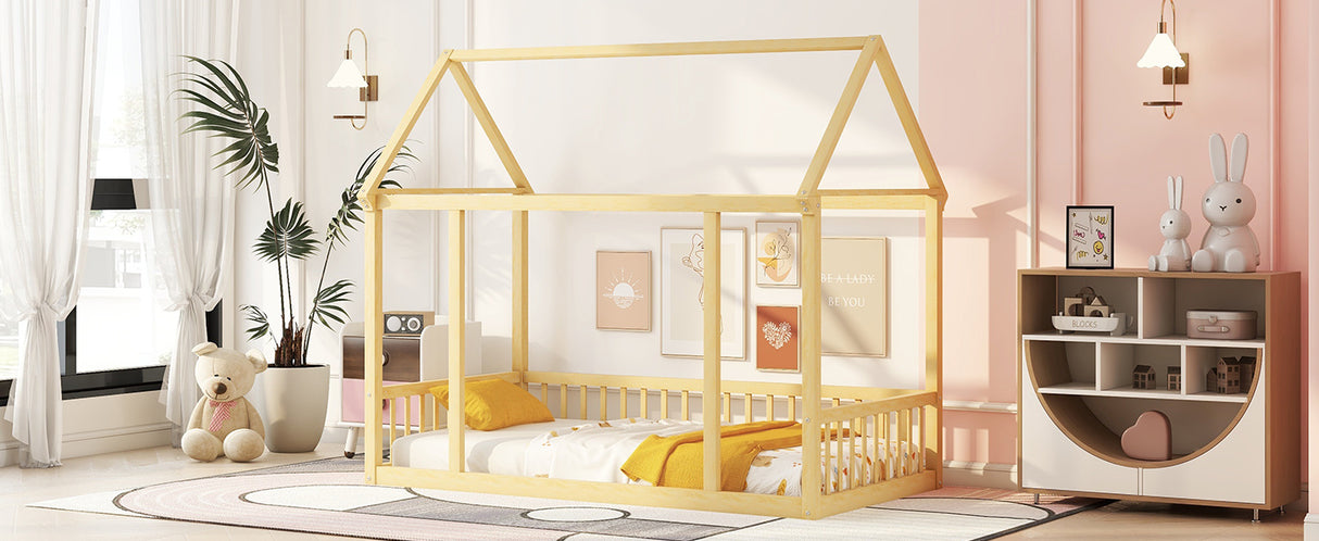 Twin Size Floor Wooden Bed with House Roof Frame and Safety Guardrails,Natural - V.I.P Digital Presence