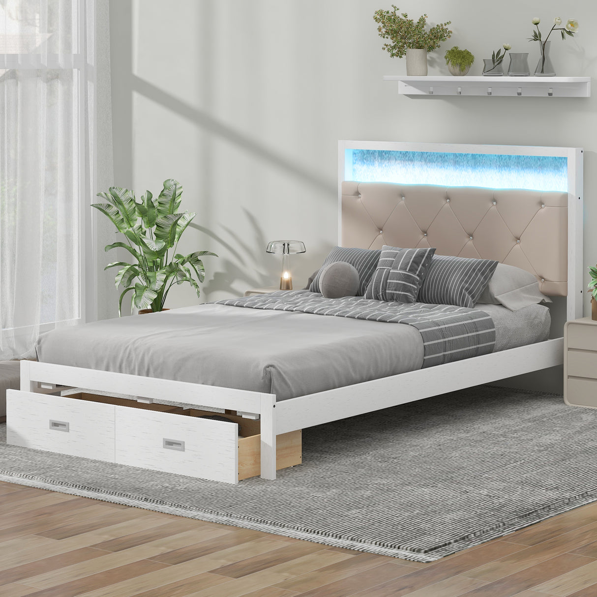 Wood Full Size Platform Bed with Upholstered Headboard and LED and 2 Drawers, Antique White - V.I.P Digital Presence