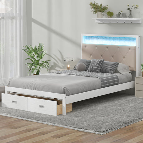 Wood Full Size Platform Bed with Upholstered Headboard and LED and 2 Drawers, Antique White - V.I.P Digital Presence
