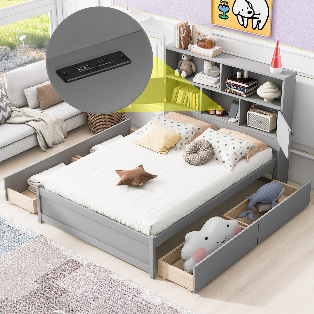 Full Size Platform Bed with Storage Headboard, Charging Station and 4 Drawers, Gray - V.I.P Digital Presence