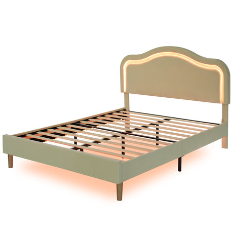 Full Size Velvet Upholstered Smart LED Bed Frame with Adjustable Height Headboard,No Box Spring Needed,Easy Assembly,Beige - V.I.P Digital Presence