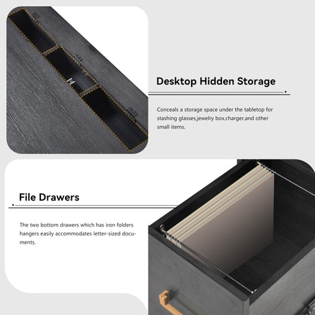 70 inch classic and traditional executive desk with metal trim, writing desk with 2 file drawers, USB ports, and sockets, black - V.I.P Digital Presence