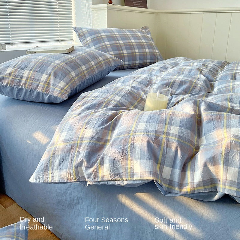 Cotton Dyed Washed Cotton Bedding Set Pure Cotton A Class Flat Sheet Quilt Cover Fitted Sheet Quilt Cover Three-Piece Set Striped