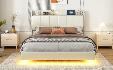 Large floating bed frame with storage headboard, touch sensor, night light and USB charger, padded platform bed, beige color - V.I.P Digital Presence