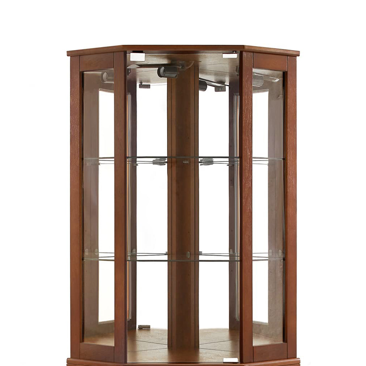 6 shelves corner Curio display cabinet with light mirror and adjustable shelves, walnut wood (excluding E26 light bulbs) - V.I.P Digital Presence