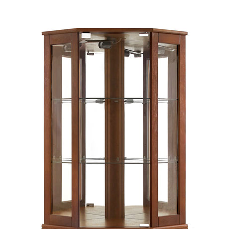 6 shelves corner Curio display cabinet with light mirror and adjustable shelves, walnut wood (excluding E26 light bulbs) - V.I.P Digital Presence