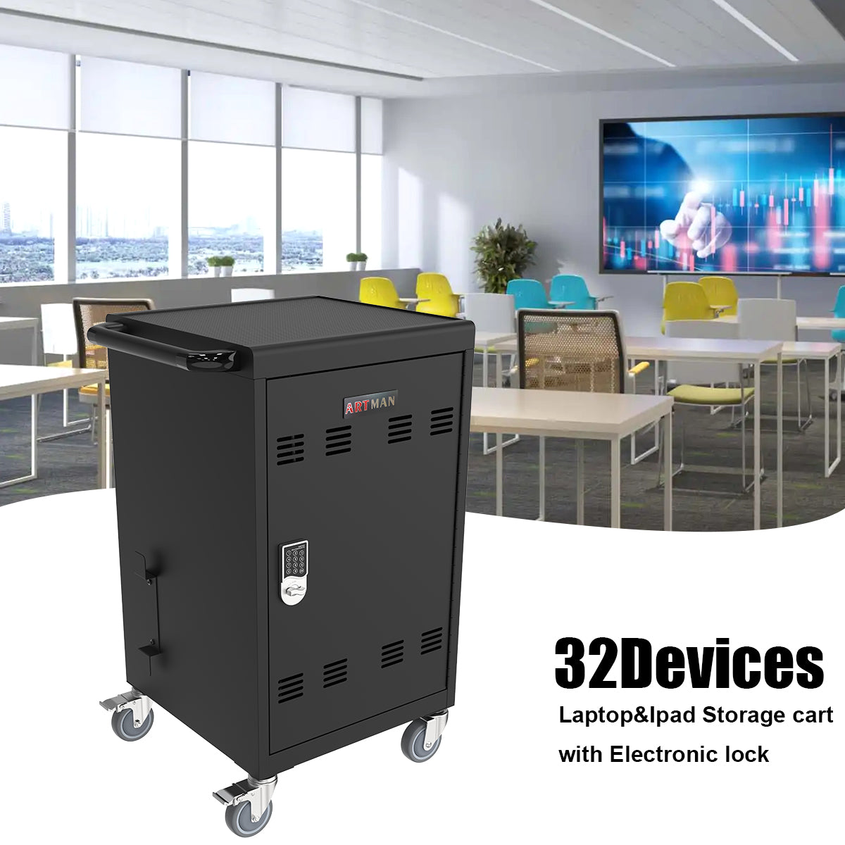 Mobile Charging Cart and Cabinet for Tablets Laptops 30-Device With Combination Lock--Black - V.I.P Digital Presence