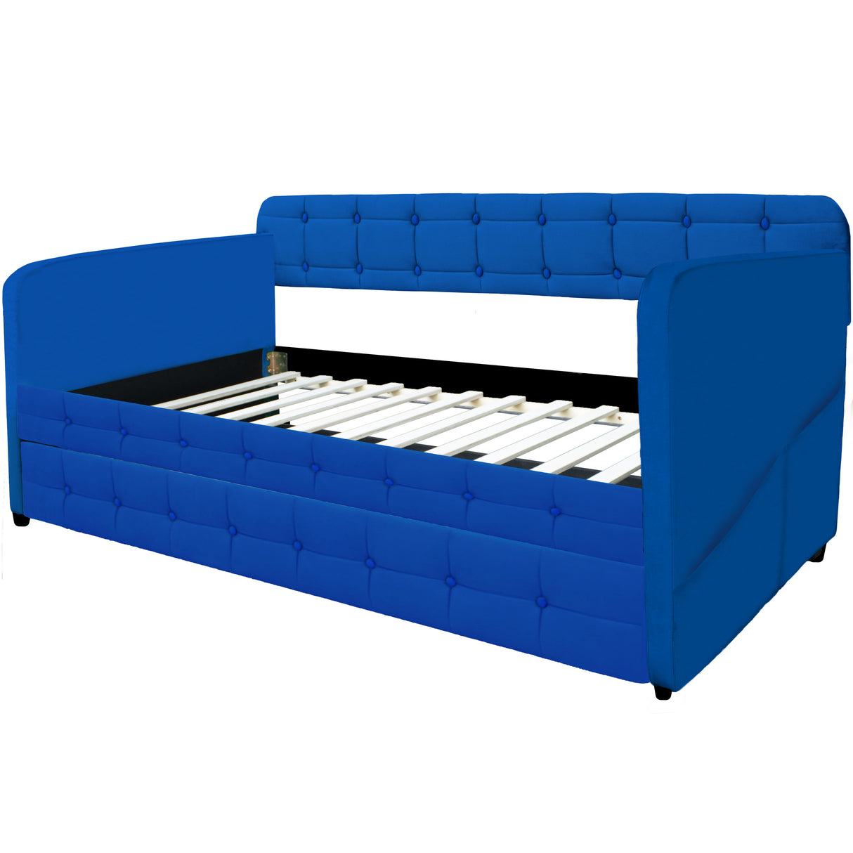 Blue padded twin beds with wheels, velvet fabric, no need for springs - V.I.P Digital Presence