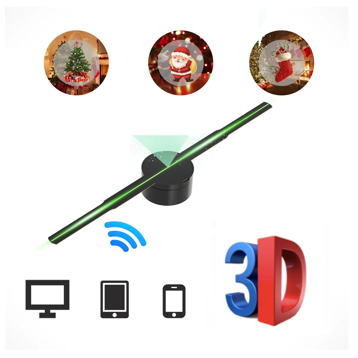 Proyector holográfico 3D con ventilador y control remoto por wifi de 42 cm para publicidad comercial, proyector holográfico que transmite imágenes y vídeos.