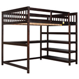 Full Size Loft Bed with Storage Shelves and Under-bed Desk  Espresso
