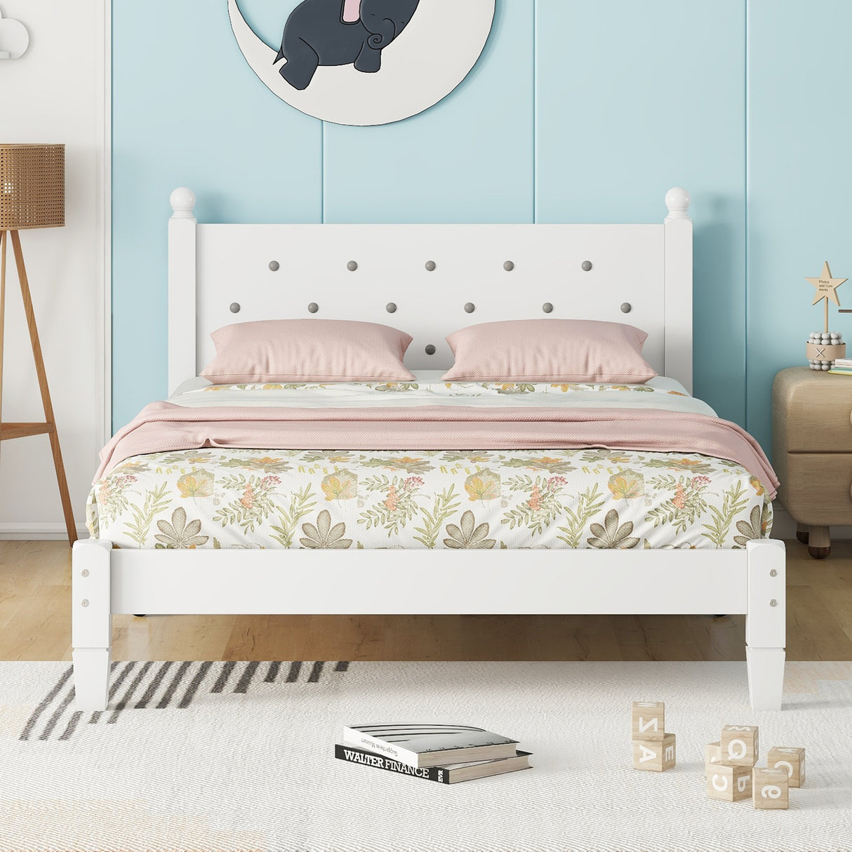 Twin Bed with Button-Decoration Headboard, with Bed Slats,White - V.I.P Digital Presence