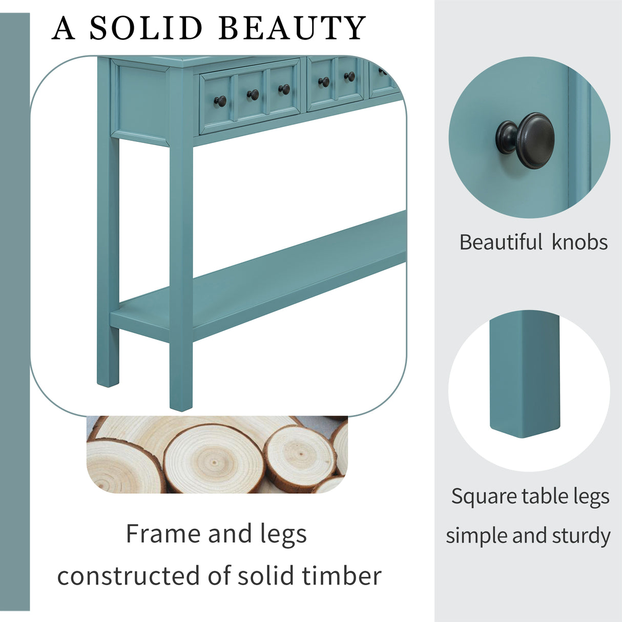TREXM Rural Entrance Console Table 60 "Long Sofa Table with Two Different Size Drawers and Bottom Shelves for Storage (Turquoise