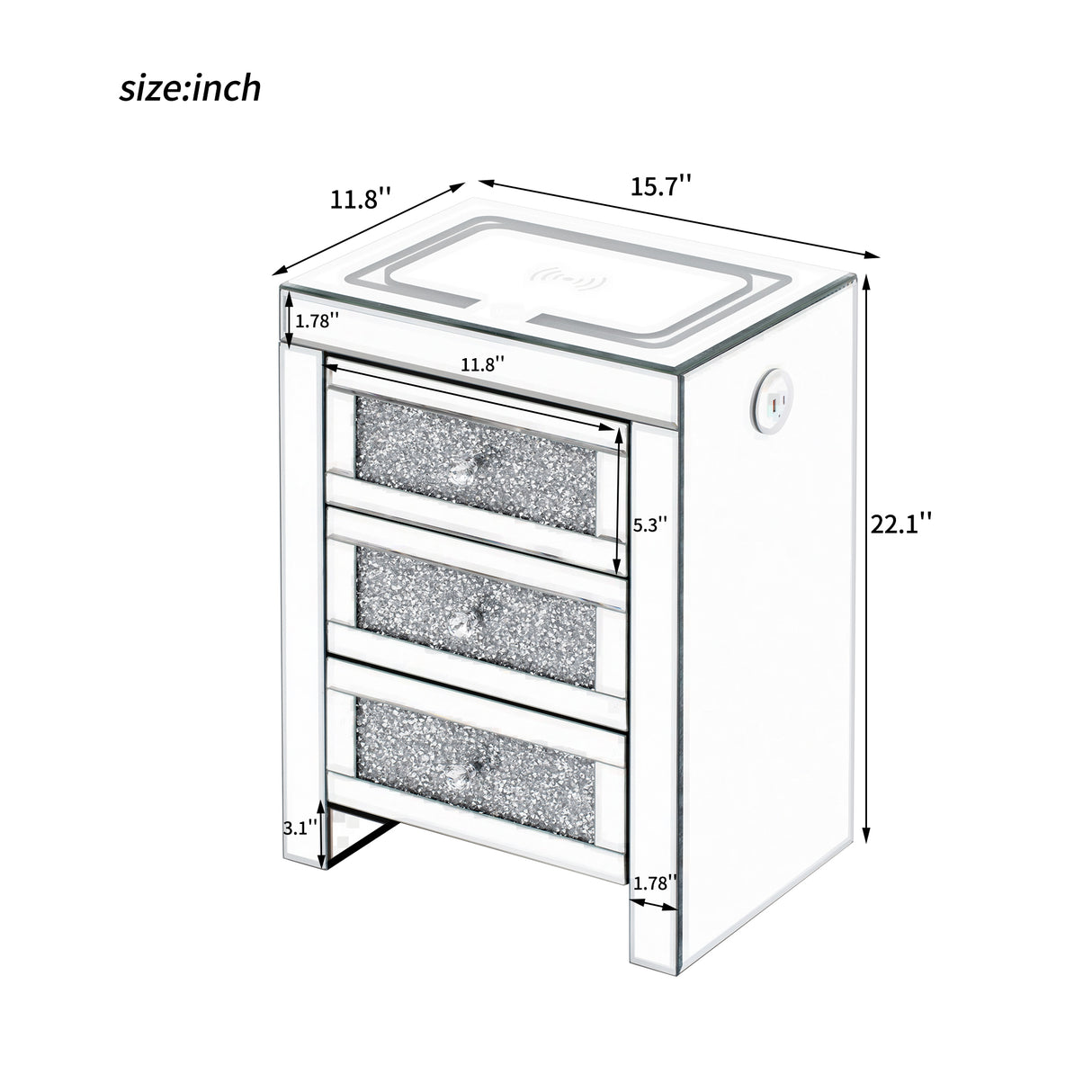 U-Can 15.7 "W silver rectangular mirror coffee table with wireless and USB charging function, LED lights, crystal style handle - V.I.P Digital Presence