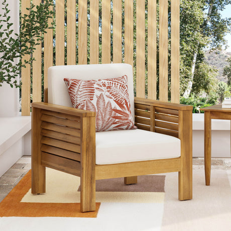 Outdoor Acacia Wood Club Chairs with Cushions, Teak+Beige, 27.75"D x 32"W x 27.75"H - V.I.P Digital Presence