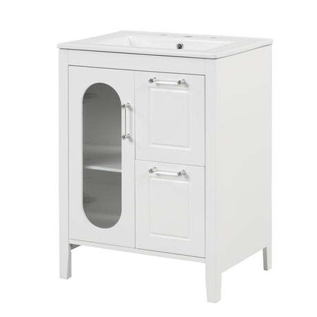 24" Bathroom Vanity with Sink, Bathroom Vanity Cabinet with Two Drawers and Door, Adjustable Shelf, Solid Wood and MDF, White - V.I.P Digital Presence