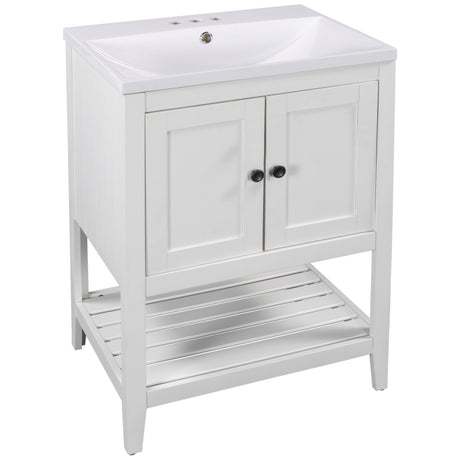 24" White Modern Sleek Bathroom Vanity Elegant Ceramic Sink with Solid Wood Frame Open Style Shelf - V.I.P Digital Presence