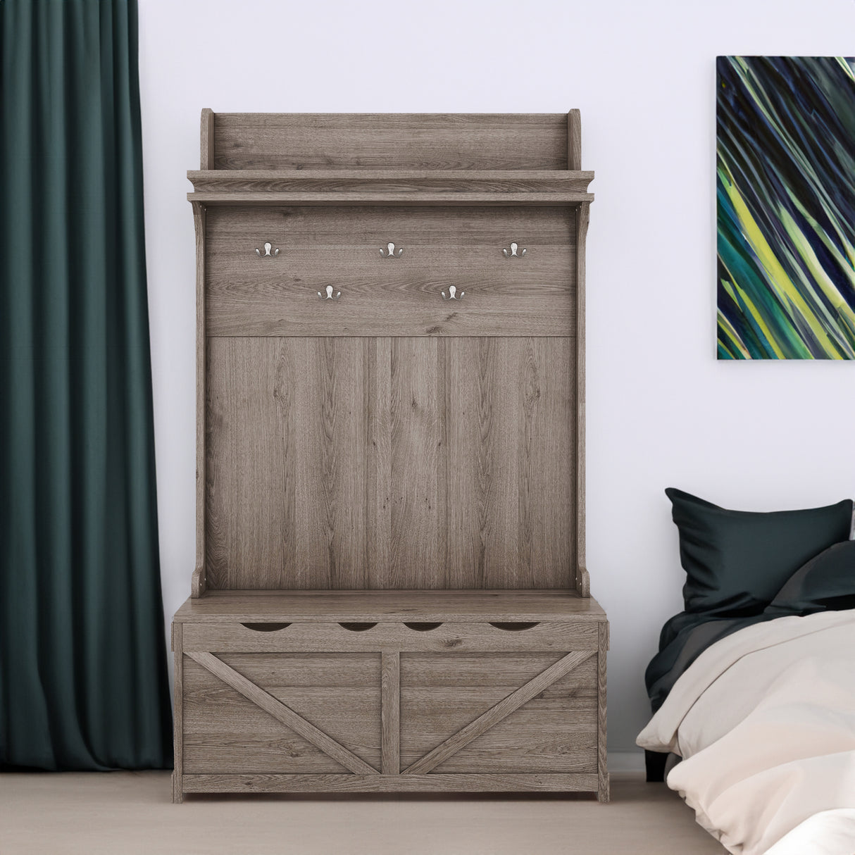 Hall tree with storage desk, entrance desk with drawers and 5 hooks, display rack,Oak - V.I.P Digital Presence