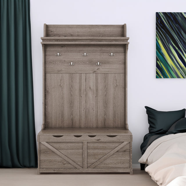 Hall tree with storage desk, entrance desk with drawers and 5 hooks, display rack,Oak - V.I.P Digital Presence