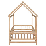 Twin Size Floor Wooden Bed with House Roof Frame, Fence Guardrails - V.I.P Digital Presence