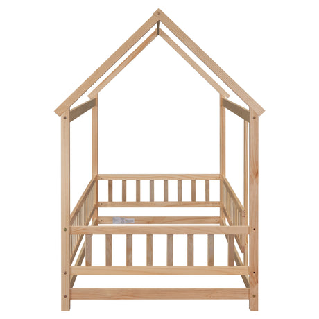 Twin Size Floor Wooden Bed with House Roof Frame, Fence Guardrails - V.I.P Digital Presence