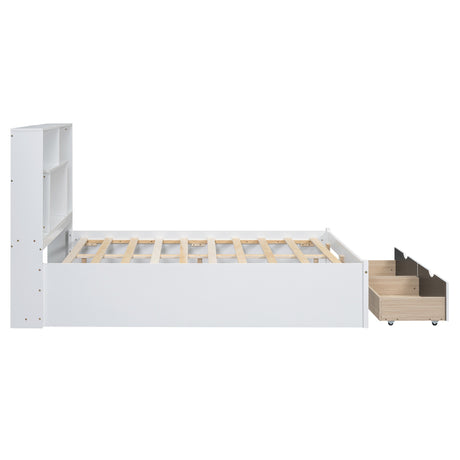 Full Size Platform Bed with Storage Headboard and 2 Drawers, White - V.I.P Digital Presence