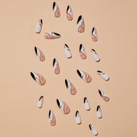 Almond-shaped French edge manicure, mandarin duck color gold corrugated fake nails finished product - V.I.P Digital Presence