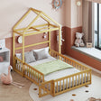 Wooden Full Size Children's Bed with Detachable Headboard and Integrated Clothes Drying Rack, Natural - V.I.P Digital Presence